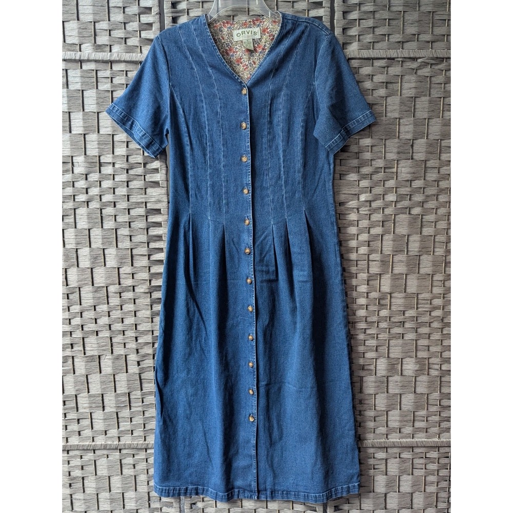 Vtg Orvis Denim Midi Dress Blue Button Front Short Sleeve Sz 8 Cottagecore